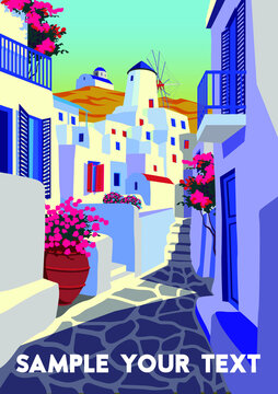 Summer cityscape with traditional houses on Mykonos island, Greece. Handmade drawing vector illustration. Retro style poster.