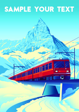 Winter Travel Poster with railway train in first plan and mountain in the background. Handmade drawing vector illustration. Pop art vintage style.