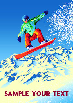 The Jump Of The Snowboarder From The Side Of A Mountain. Handmade Drawing Vector Illustration.