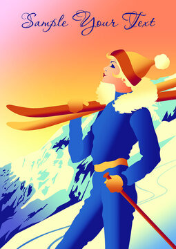 Travel  Winter Poster with woman and mountains in the background. Handmade drawing vector illustration. Art Deco style.