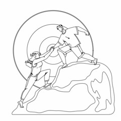 Mountain Climbing Man And Woman Couple Black Line Pencil Drawing Vector. Young Boy Helping Girl Mountain Climbing, Teamwork In Nature. Characters Sportive Active And Extreme Time Together Illustration