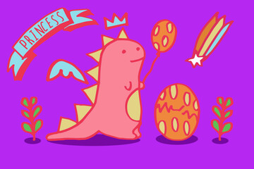 Vector illustration of cute princess pink dinosaur animal wildlife with hatching egg in vivid color. Pink Dino.