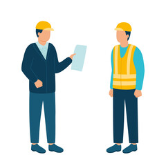 Worker contractor, builder communicate with build industry leader, architect, boss in helmet. Construction workers and engineers working architecture and real estate. Contact on building. Vector