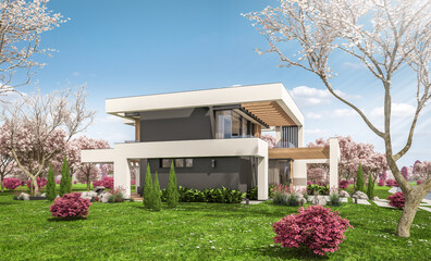 Fototapeta na wymiar 3d rendering of modern cozy house with pool and parking for sale or rent in luxurious style and beautiful landscaping on background. Fresh spring day with a blooming trees with flowers of sakura