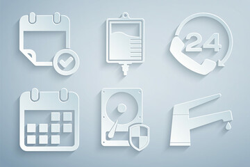 Set Hard disk drive HDD protection, Telephone 24 hours support, Calendar, Water tap, IV bag and with check mark icon. Vector