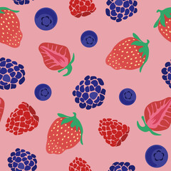 Seamless pattern with strawberry, blackberry, blueberry and raspberry on pink background. Colorful vector illustration. Ideal for cover, wallpaper, fabric, wrapping, packaging, brochures, posters.