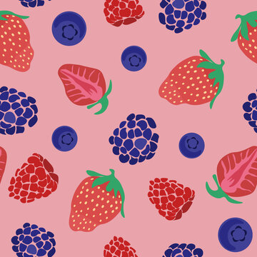 Seamless pattern with strawberry, blackberry, blueberry and raspberry on pink background. Colorful vector illustration. Ideal for cover, wallpaper, fabric, wrapping, packaging, brochures, posters.