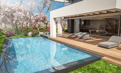 Obraz na płótnie Canvas 3d rendering of modern cozy house with pool and parking for sale or rent in luxurious style and beautiful landscaping on background. Fresh spring day with a blooming trees with flowers of sakura