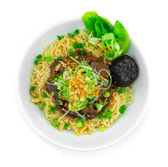 Egg Noodles with Braised Beef ontop spring onion and crispy garlic Chinese Food