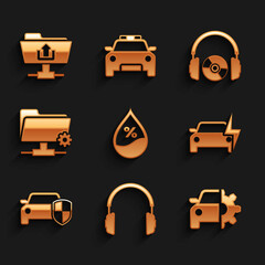 Set Water drop percentage, Headphones, Car service, Electric car, protection or insurance and FTP settings folder icon. Vector
