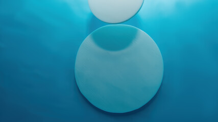Empty white circle podium on blue water texture with waves in sunlight. layout, copyspace.