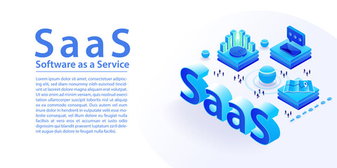 SaaS Software as a Service concept infographic. Isometric 3d vector illustration of SaaS text as wide web banner in modern layout.