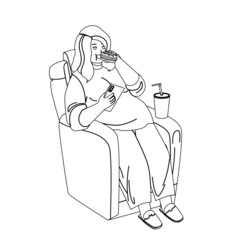 Overweight Girl Eat Fast Food In Armchair Black Line Pencil Drawing Vector. Young Overweight Girl Sitting In Chair Eating Sandwich, Drinking Soda Drink And Holding Smartphone. Fat Problem Illustration