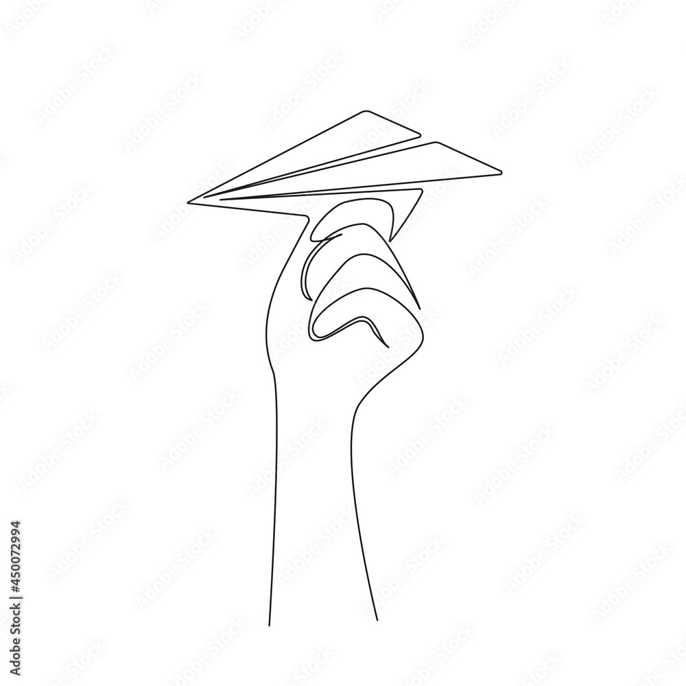 Poster Continuous one line drawing of Hand throwing a paper plane. Origami airplane concept of startup new project in simple linear style. Vector illustration