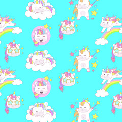 Unicorn seamless pattern. Cute fairy-tale animals. Pony unicorn with rainbow, cloud and star. Magical unicorn. Unicorn background illustration.
