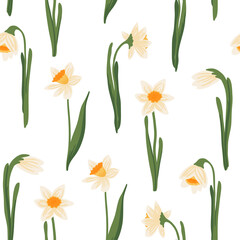 Vector seamless pattern of yellow daffodils or Narcissus. Hand drawn Botanical background. Early Spring potted garden flower blooming bulbous plant with root. Floral texture in flat style