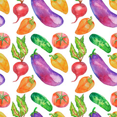 Seamless pattern watercolor illustration of a set of vegetables red tomato green cucumber yellow pepper on a white background harvesting