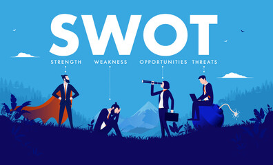 Swot analysis vector illustration - Professional business people posing outdoors, metaphor for strength, weakness, opportunity and threats. Vector illustration