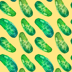 watercolor seamless pattern with cucumbers on a light yellow background. Harvesting.