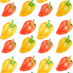 Seamless pattern with red and yellow peppers paprika,  on a white background. Summer bright pattern. Food packaging wallpaper background.
