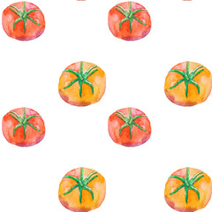 Seamless pattern with red and yellow tomatoes on a white background. Summer bright pattern. Food packaging wallpaper background.