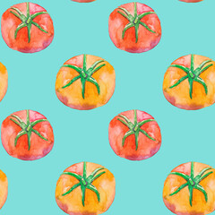 Seamless pattern with red and yellow tomatoes on a blue background. Summer bright pattern. Food packaging wallpaper background.