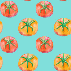 Seamless pattern with red and yellow tomatoes on a blue background. Summer bright pattern. Food packaging wallpaper background.