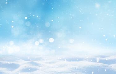 Beautiful light winter snowy background with snowdrifts, sparkling snowflakes, falling small flakes...