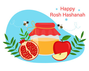 Jewish New Year, greeting card design with apples, honey, pomegranate, green leaves and bees on a blue background. Vector illustration for print and web