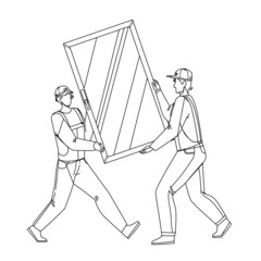 Pvc Window Carrying Men For Installing Black Line Pencil Drawing Vector. Construction Workmen Carefully Carry Pvc Window For Install Or Replacement. Characters Professional Occupation Illustration