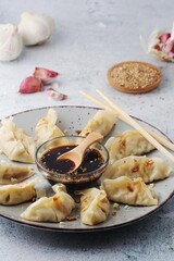 A plate of boiled jiaozi with dipping sauce