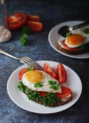 Sandwiches with fried eggs and tomatoes