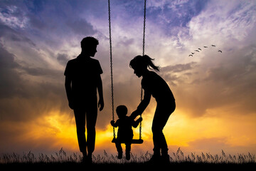 illustration of family playing with son on swing