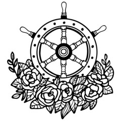 sheep steering wheel isolated on white background. Floral wheel. Vector illustration. Outline Floral symbol. Captain sheep wheel.