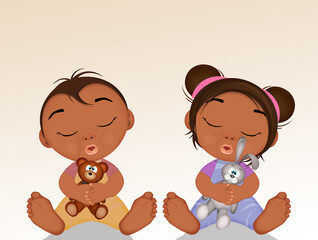 illustration of two babies black with teddy bear