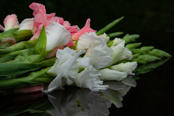 Bouquet of gladioli on a wet black table