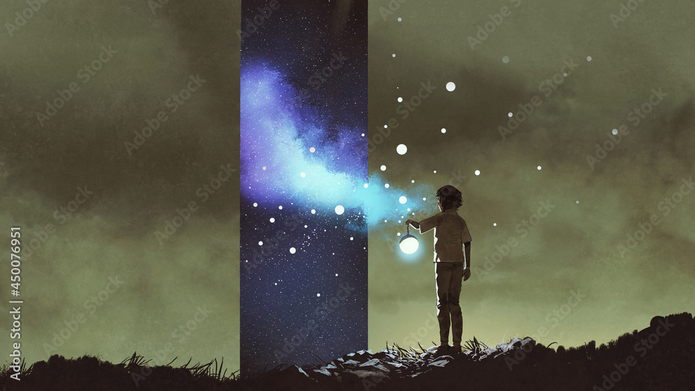 Wall mural fantasy scene of the kid holding a lantern and looking at the stars-dimensional window, digital art 