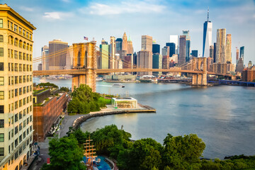 Amazing view and panorama of New York City and Brooklyn bridge on a sunny day