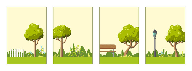 Vector set with different summer landscapes with trees, plants and space for texts. Background layer templates for banners, web, social media, flyers and other publications.