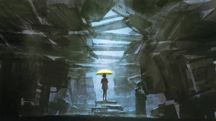 Foto op Plexiglas Een eenzaam jong meisje met een gele paraplu in een verlaten gebouw op een regenachtige dag, digitale kunststijl, illustratie, schilderkunst © grandfailure