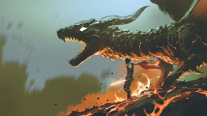 Papier Peint photo Autocollant Grand échec chevalier avec l& 39 épée légère debout près du dragon de feu géant, style art numérique, peinture d& 39 illustration