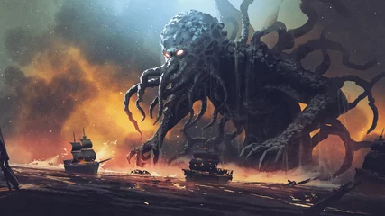 Fototapete Großer Misserfolg Dunkle Fantasy-Szene, die Cthulhu das riesige Seeungeheuer zeigt, das Schiffe zerstört, digitaler Kunststil, Illustrationsmalerei