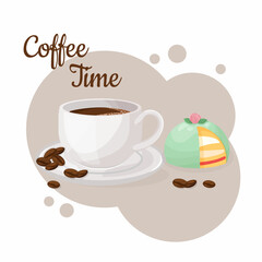 Obraz premium Cup of coffee and Prinsesstarta green marzipan cake. Coffee time concept. Isolated hand drawn vector illustration of cute breakfast food.