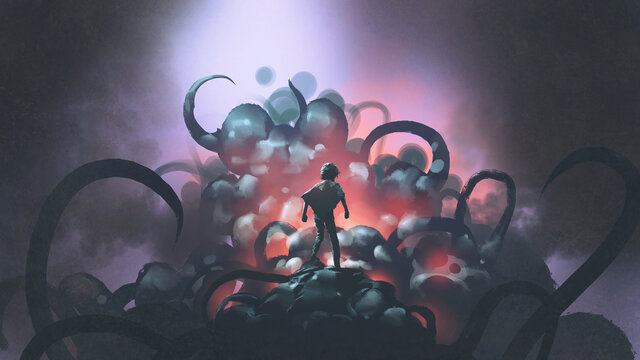 Dark fantasy scene showing a kid standing on a giant monster with blistering skin and tentacles, digital art style, illustration painting
