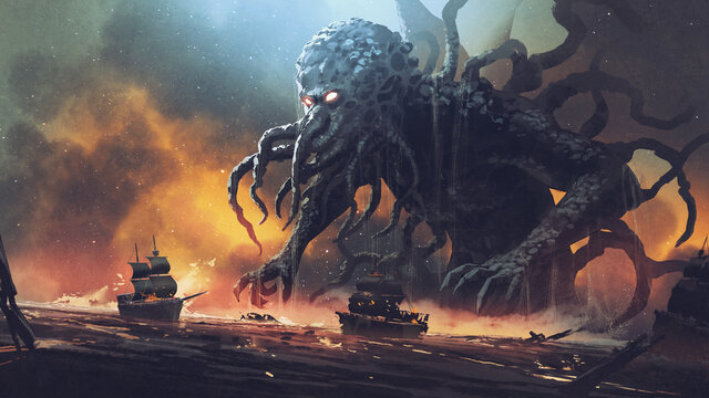 Fototapeta Dark fantasy scene showing Cthulhu the giant sea monster destroying ships, digital art style, illustration painting
