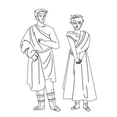 Roman Man And Woman In Traditional Clothes Black Line Pencil Drawing Vector. Roman Legionary And Citizen Lady Wearing National Clothing Staying Together. Rome People Boy And Girl Illustration