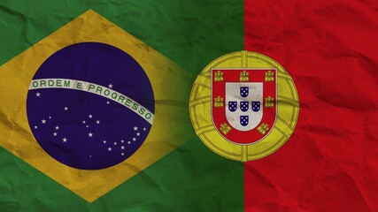 Portugal and Brasil Flags Together, Crumpled Paper Effect Background 3D Illustration