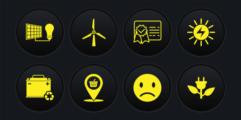 Set Car battery with recycle, Solar energy panel, Location shopping basket, Sad smile, Certificate template, Wind turbine, Electric saving plug leaf and and light bulb icon. Vector