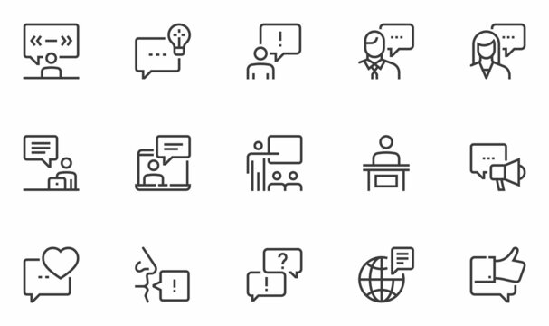 Set of Vector Line Icons Related to Presentation. Speech, Report, Meeting, Conference. Editable Stroke. 48x48 Pixel Perfect.