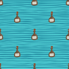 Flat bar liquid seamless pattern with minimalistic beige rum bottles shapes. Blue striped background.
